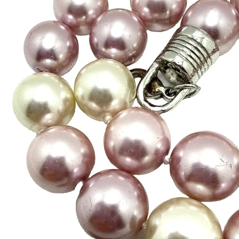 Vintage KISSAKA Faux Pearl Necklace Multicolor Pink Cream Glass Bead Strand 20